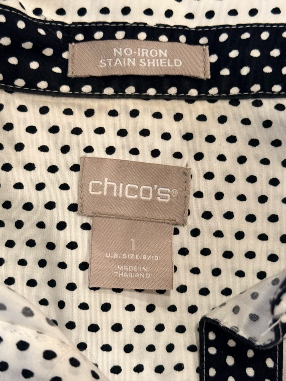 Chico's Polka Dot Spring Blouse White Black 3/4 Sleeve No-Iron Size 1 (US 8/10) - Picture 7 of 8